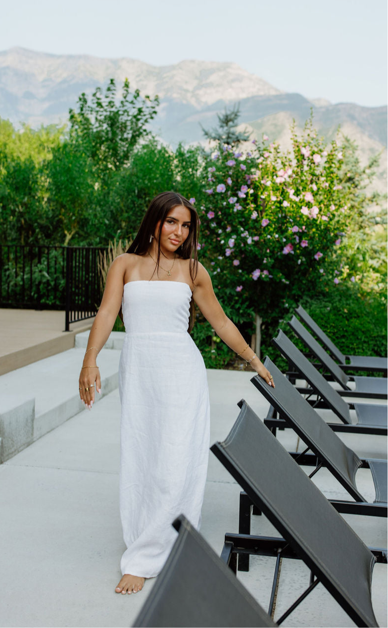 lessi white linen maxi dress Enchanted Leaf Shirred Bodice Maxi Dress White