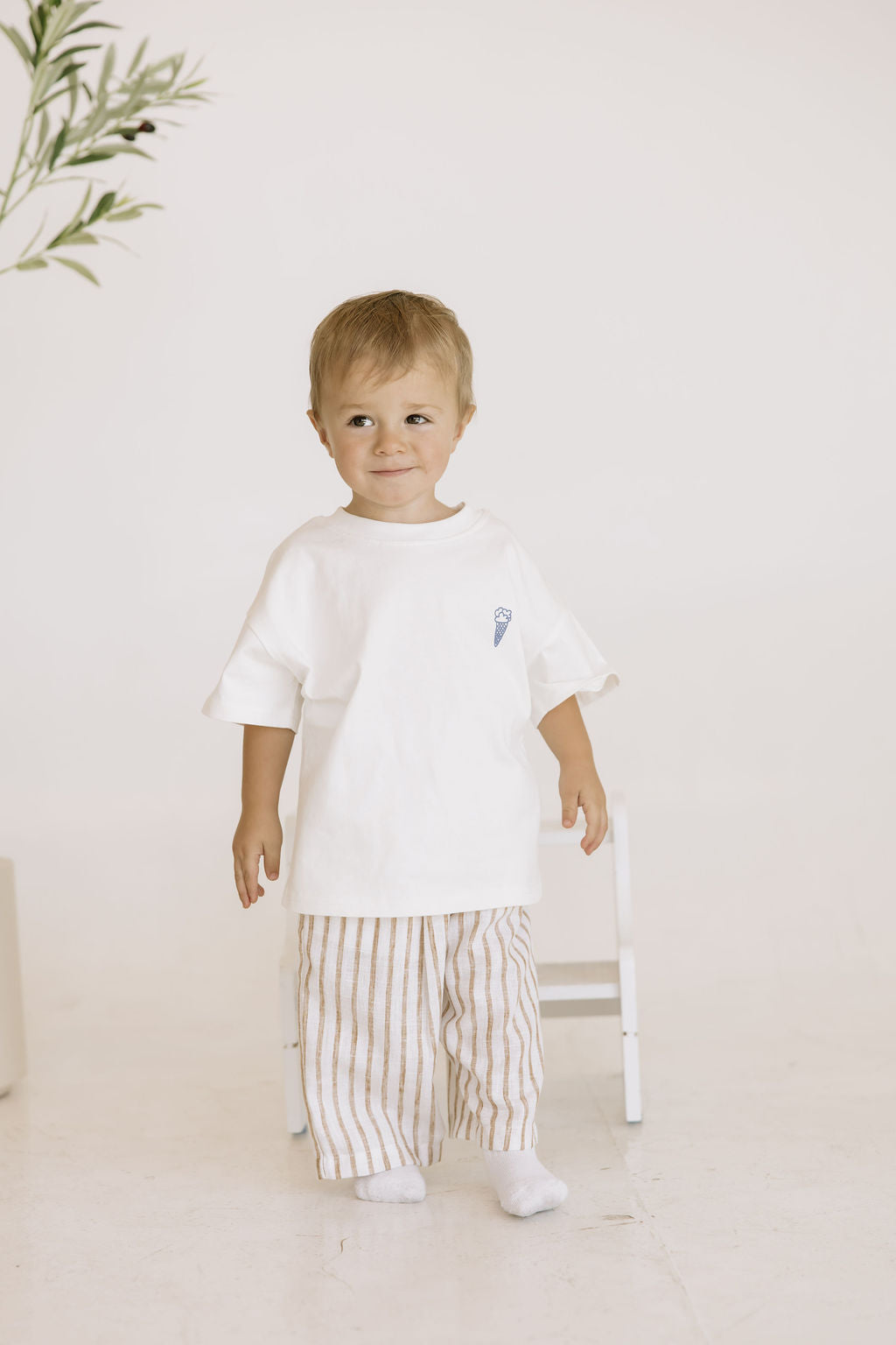 Kids Beige Linen Stripe Pants
