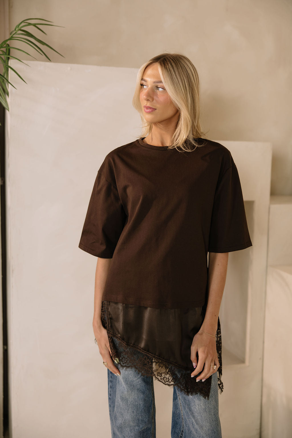 Goldie Combination Lace T-Shirt // Brown