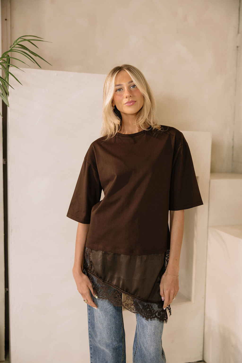 Goldie Combination Lace T-Shirt // Brown