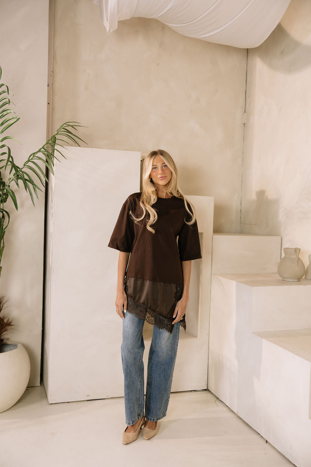 Goldie Combination Lace T-Shirt // Brown