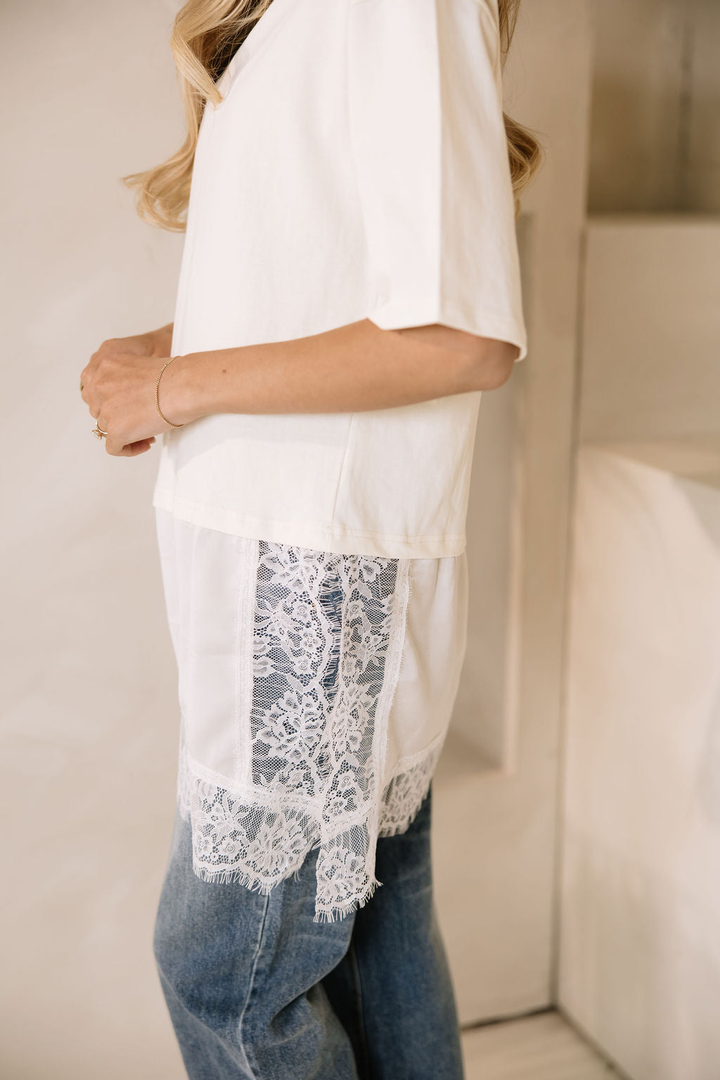 Goldie Combination Lace T-Shirt // Cream