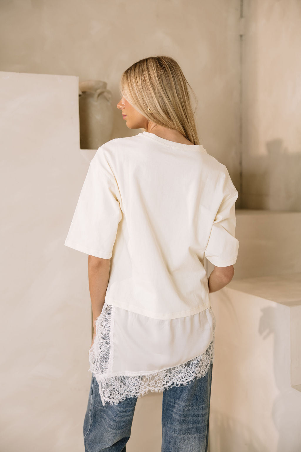 Goldie Combination Lace T-Shirt // Cream